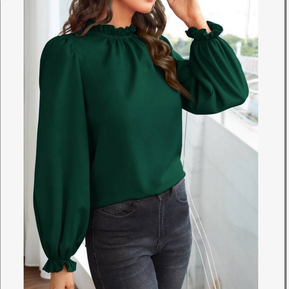 Boho Green Ruffle Frill Sleeve Office Work Top Blouse - Picture 2 of 15